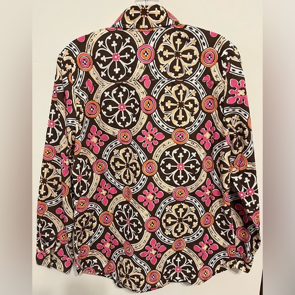 Tommy Bahama Brown/Pink Long Sleeve Button Down Top w/Geometric Pattern; Size 8 - Picture 2 of 8